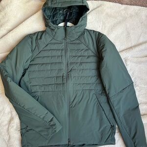 Lululemon Jacket Mens (M) Olive Down For It All Hoodie Quilted Goose Down Puffer